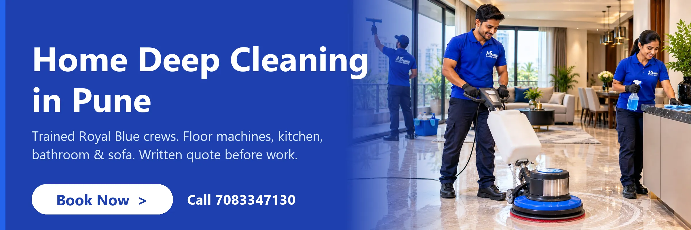 Home deep cleaning services in Pune - Sahara Cleaning Services crew in Royal Blue uniform with floor scrubbing machine