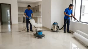 Sahara crew machine-scrubbing floors after interior work in a Pune flat