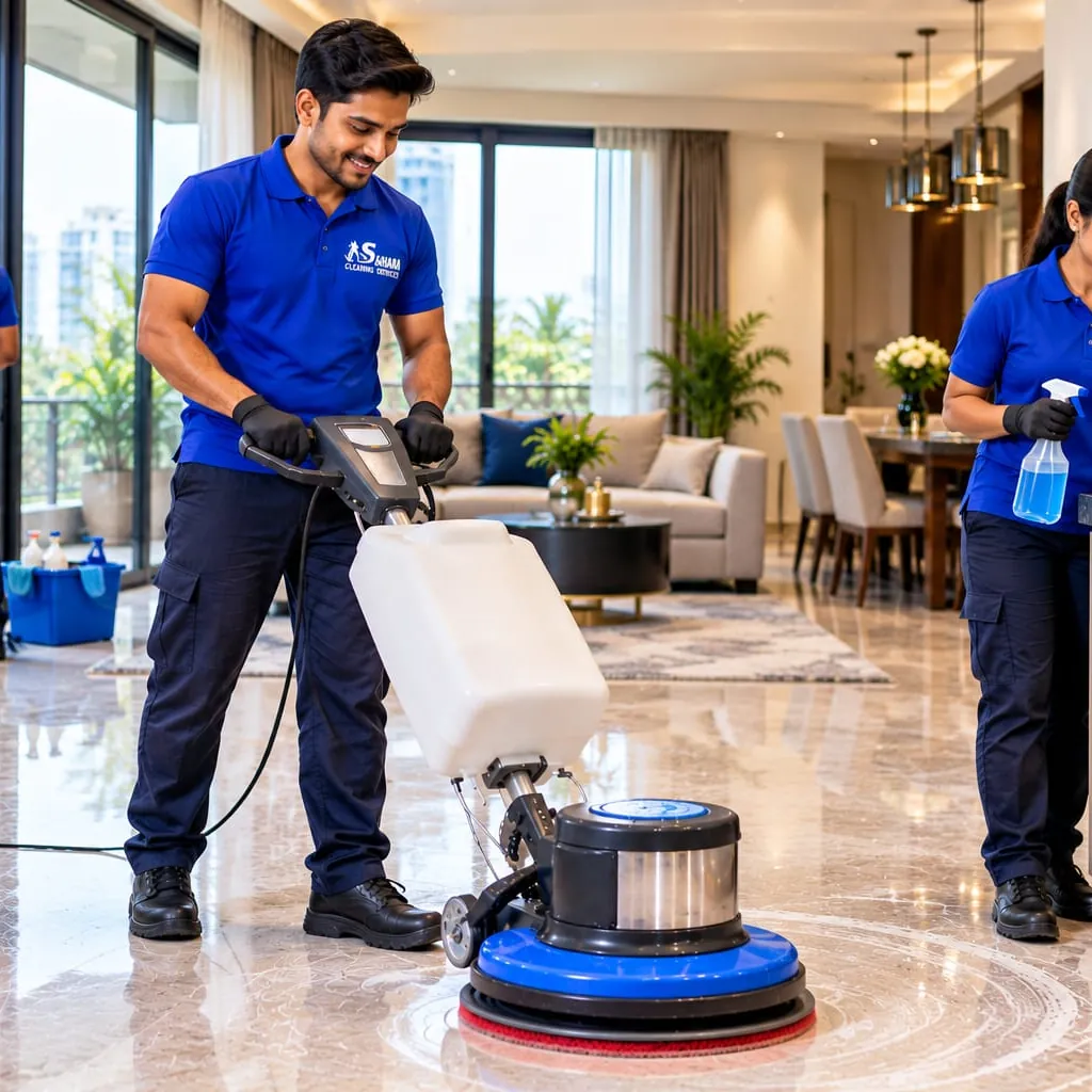 Home deep cleaning services in Pune - Sahara Cleaning Services crew with floor scrubbing machine in Royal Blue uniform